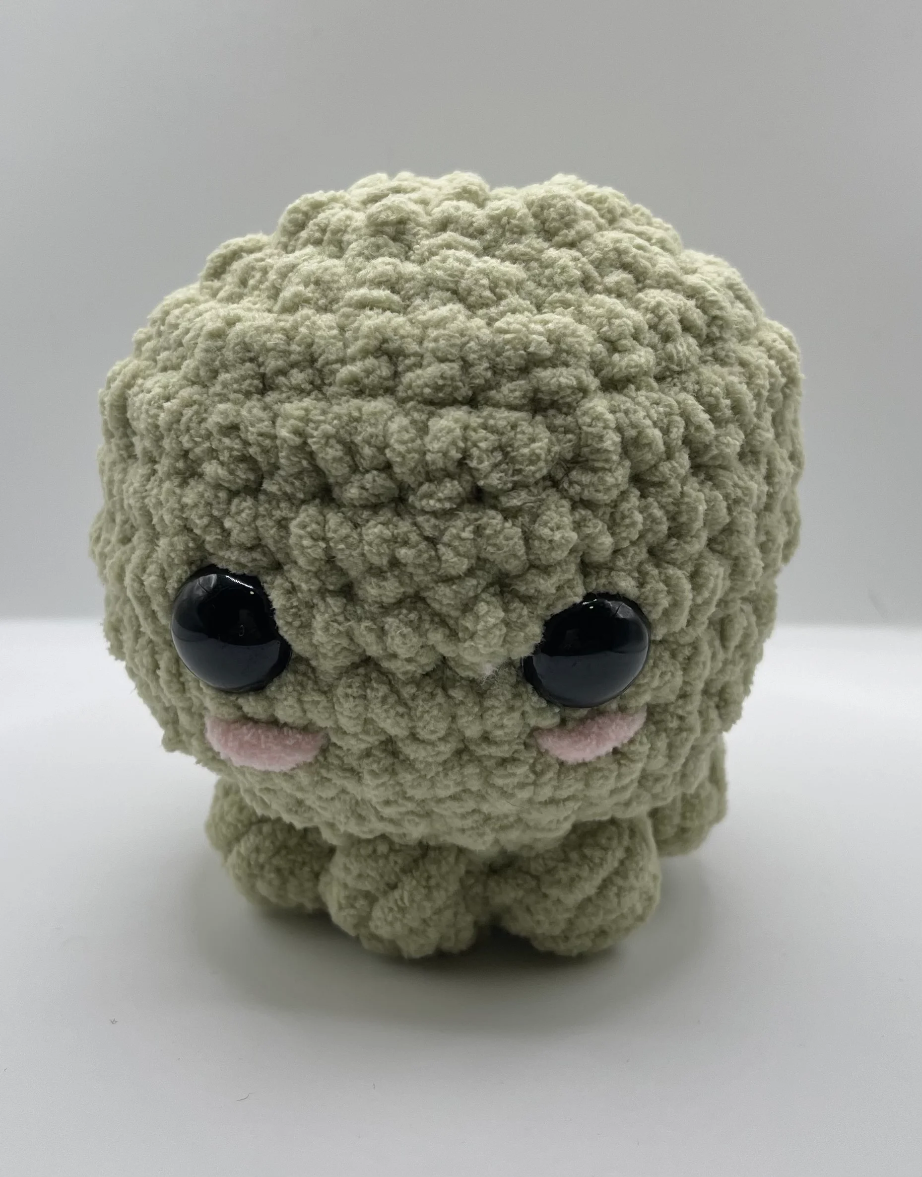 Meet the Blushing Sage Octopus, a shy little ocean friend with the sweetest pink cheeks! Hand-crocheted from ultra-soft, chunky green yarn, this round cutie is perfectly sized to sit on your desk or nightstand. He is officially ready to swim out of the studio and bring a wave of cozy comfort to his